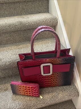 Women’s Red Ombre Croc-Embossed Tote with Rhinestone Buckle